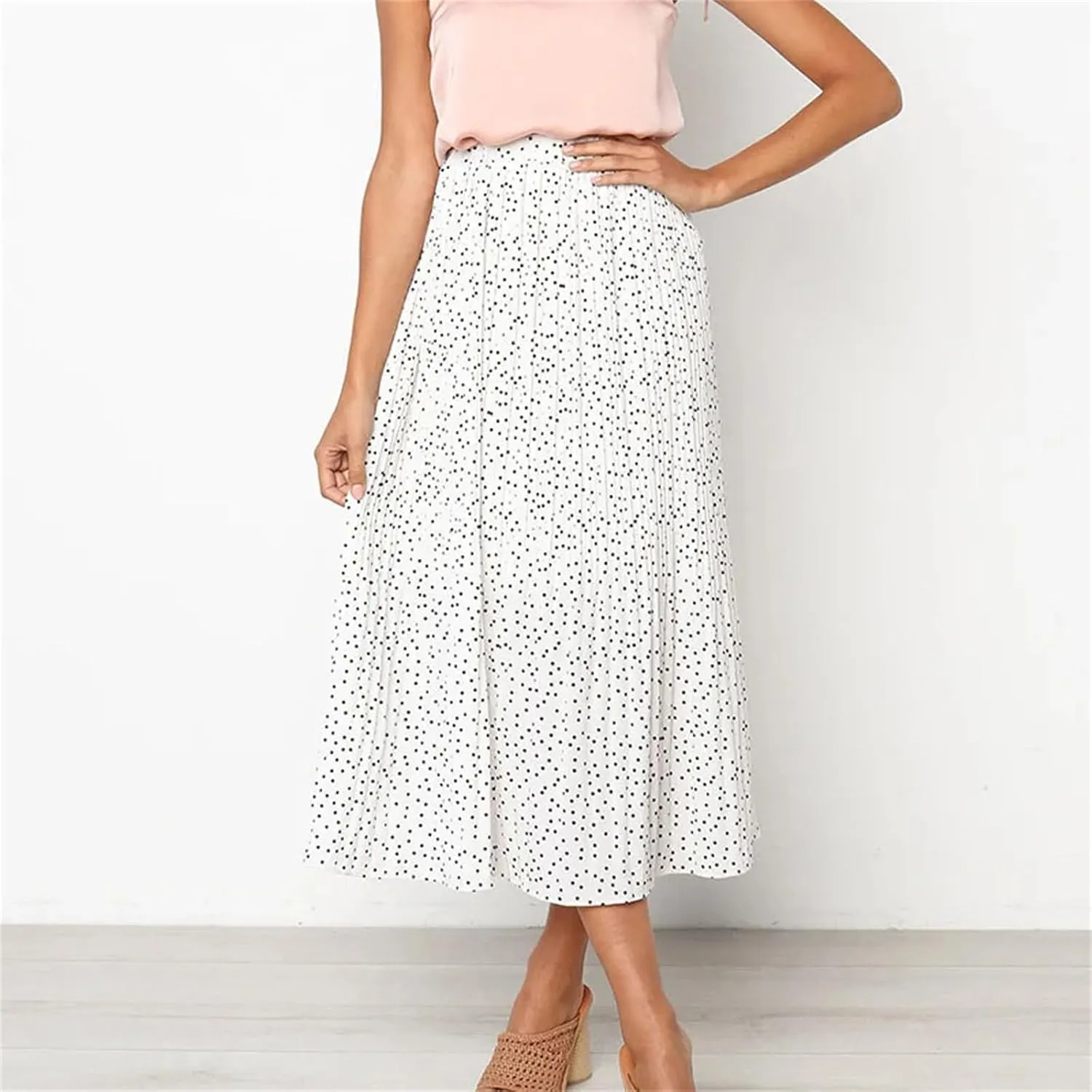 Women Floral Print Pleated Midi Skirt Elastic High Waist Side Pockets Skirts Female Bottom