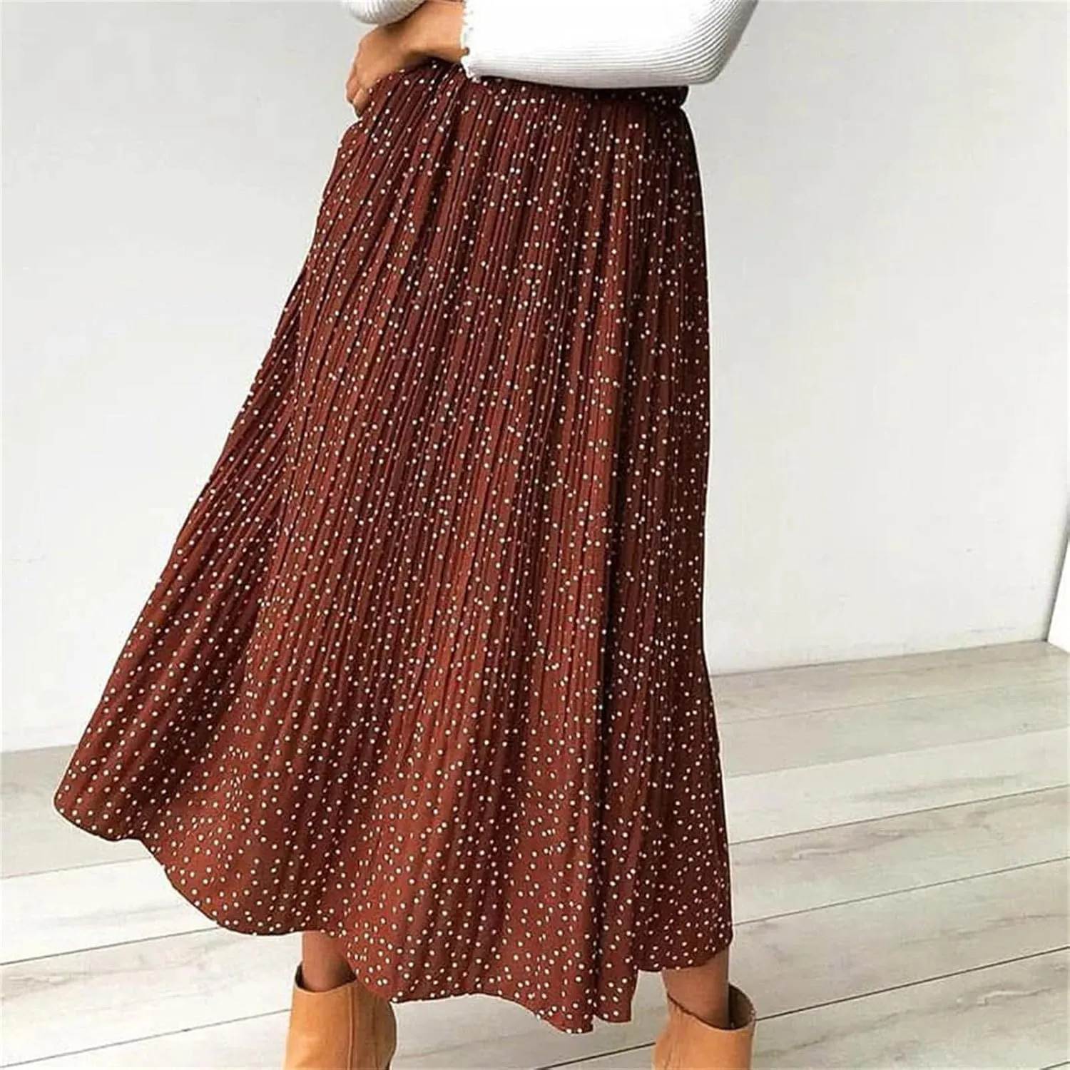 Women Floral Print Pleated Midi Skirt Elastic High Waist Side Pockets Skirts Female Bottom