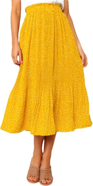 Women Floral Print Pleated Midi Skirt Elastic High Waist Side Pockets Skirts Female Bottom