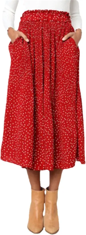 Women Floral Print Pleated Midi Skirt Elastic High Waist Side Pockets Skirts Female Bottom