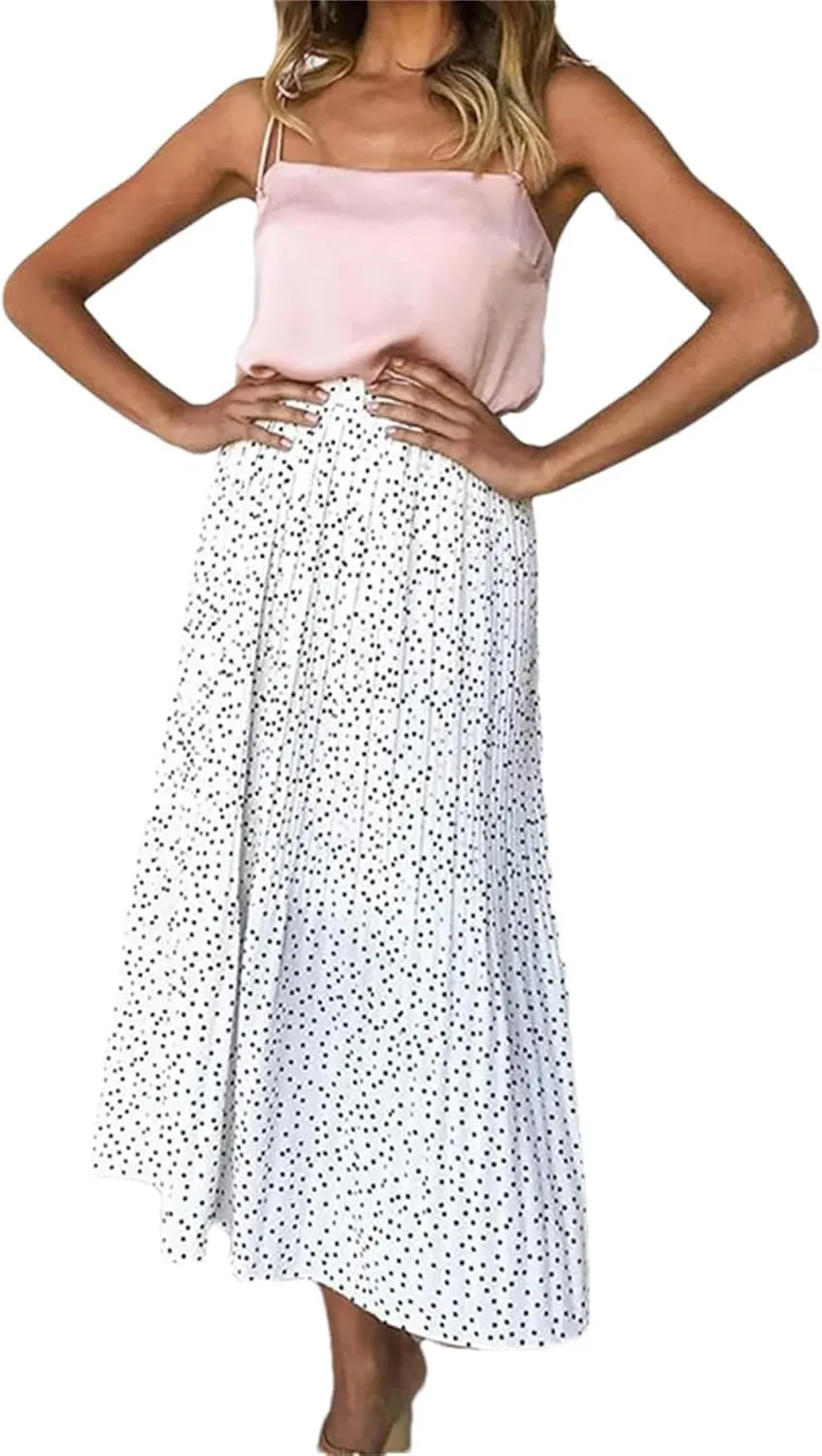 Women Floral Print Pleated Midi Skirt Elastic High Waist Side Pockets Skirts Female Bottom