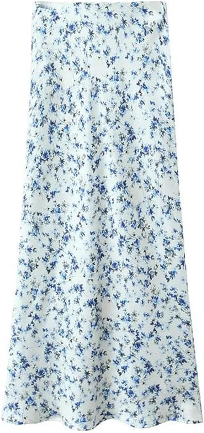Women Floral Print Satin Long Skirt Vintage High Elastic Waist A-Line Spring Summer Skirt