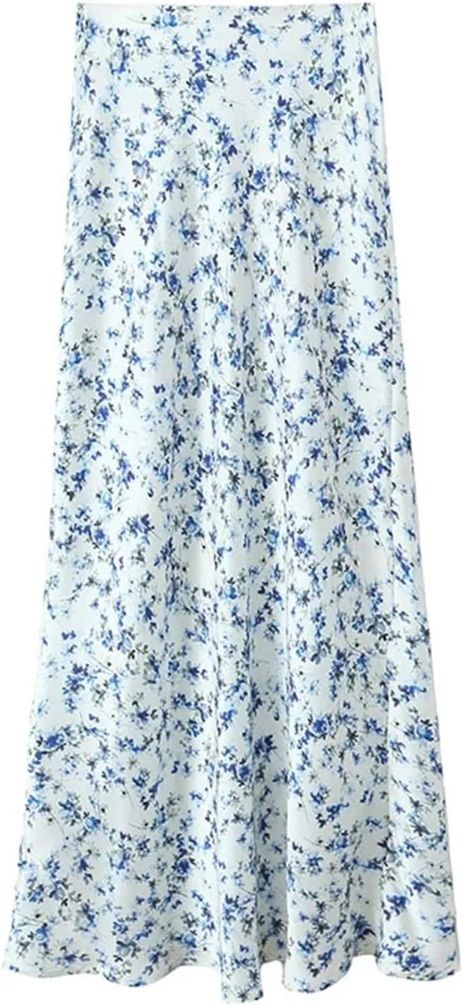 Women Floral Print Satin Long Skirt Vintage High Elastic Waist A-Line Spring Summer Skirt