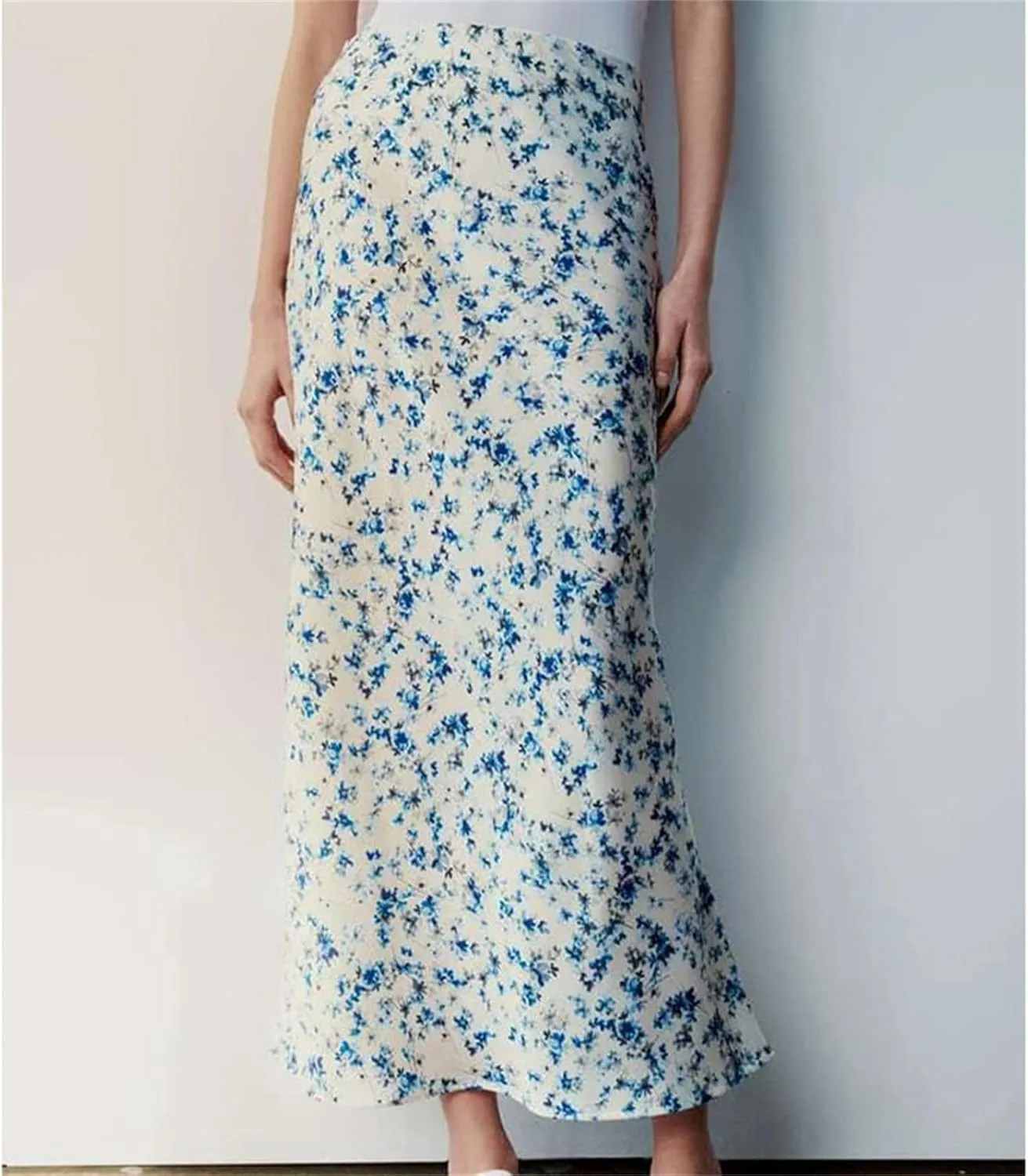 Women Floral Print Satin Long Skirt Vintage High Elastic Waist A-Line Spring Summer Skirt