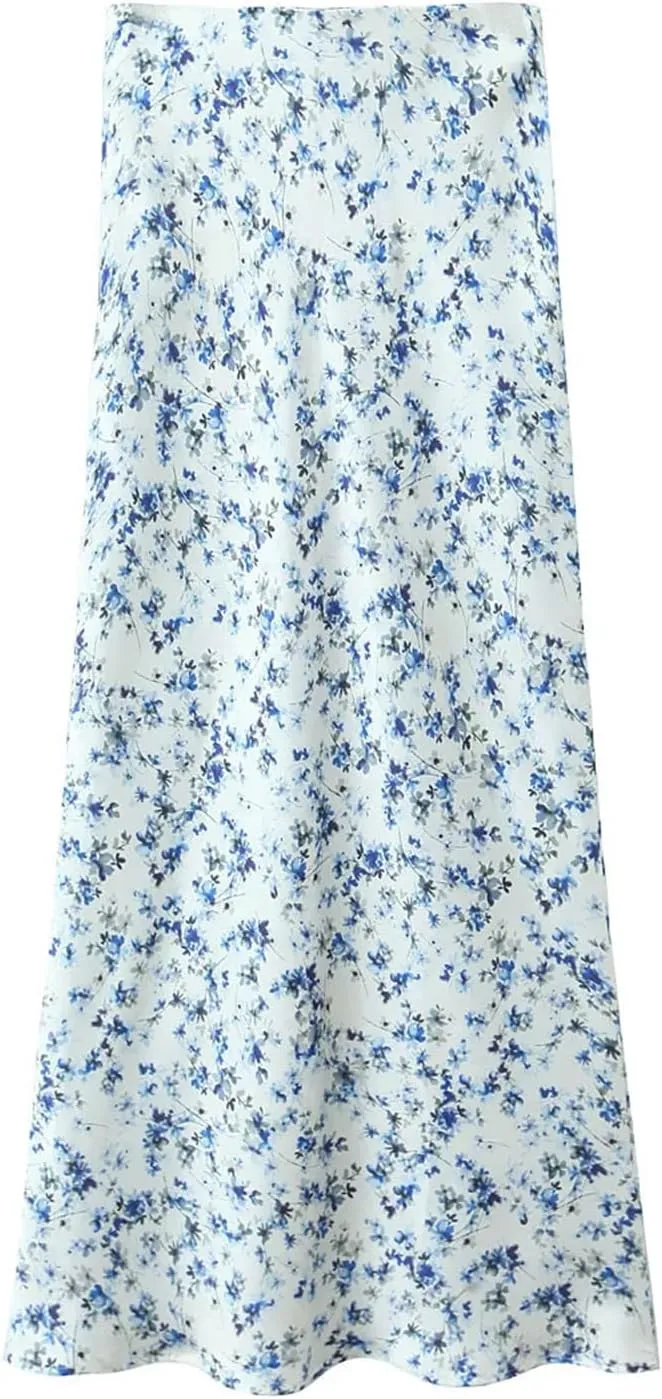 Women Floral Print Satin Long Skirt Vintage High Elastic Waist A-Line Spring Summer Skirt
