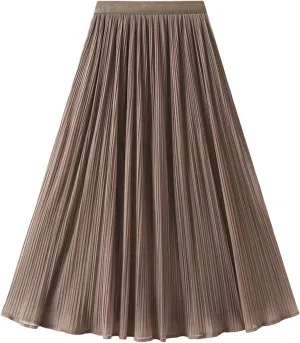Women High Elastic Waist Pleated Chiffon Skirt Midi Swing A-line Skirts Elastic Waist Knee Length Half Dress