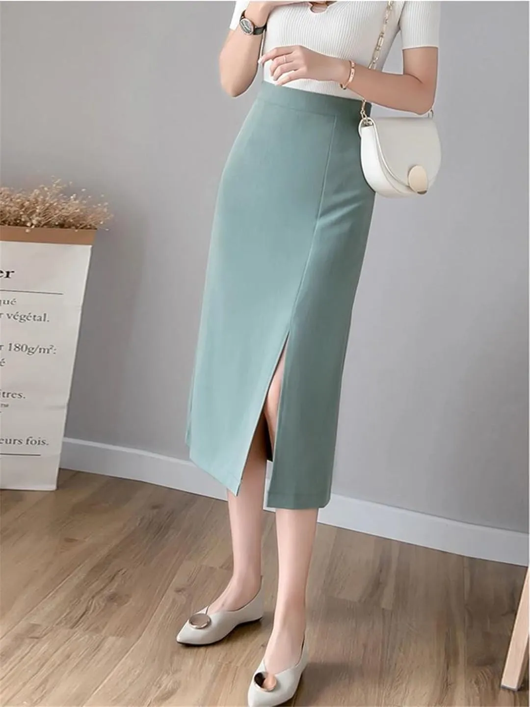 Women High Waist Pencil Streetwear Solid Bodycon Sexy Side Slit Khaki Black EN8 Long Wrap Skirts