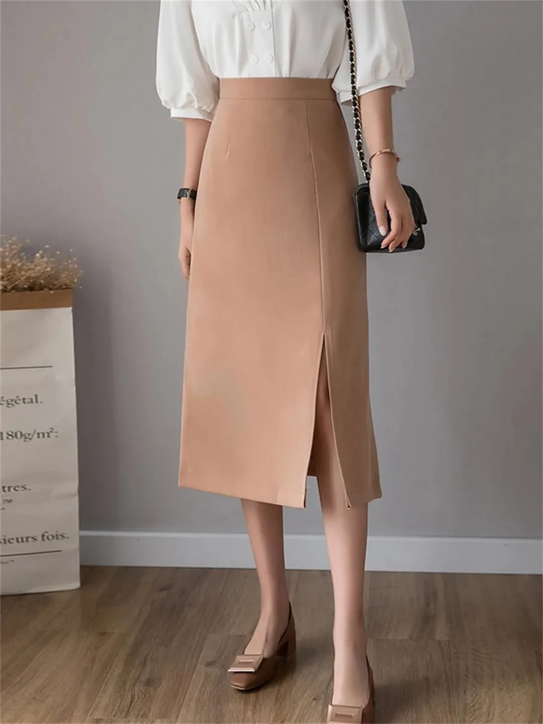 Women High Waist Pencil Streetwear Solid Bodycon Sexy Side Slit Khaki Black EN8 Long Wrap Skirts