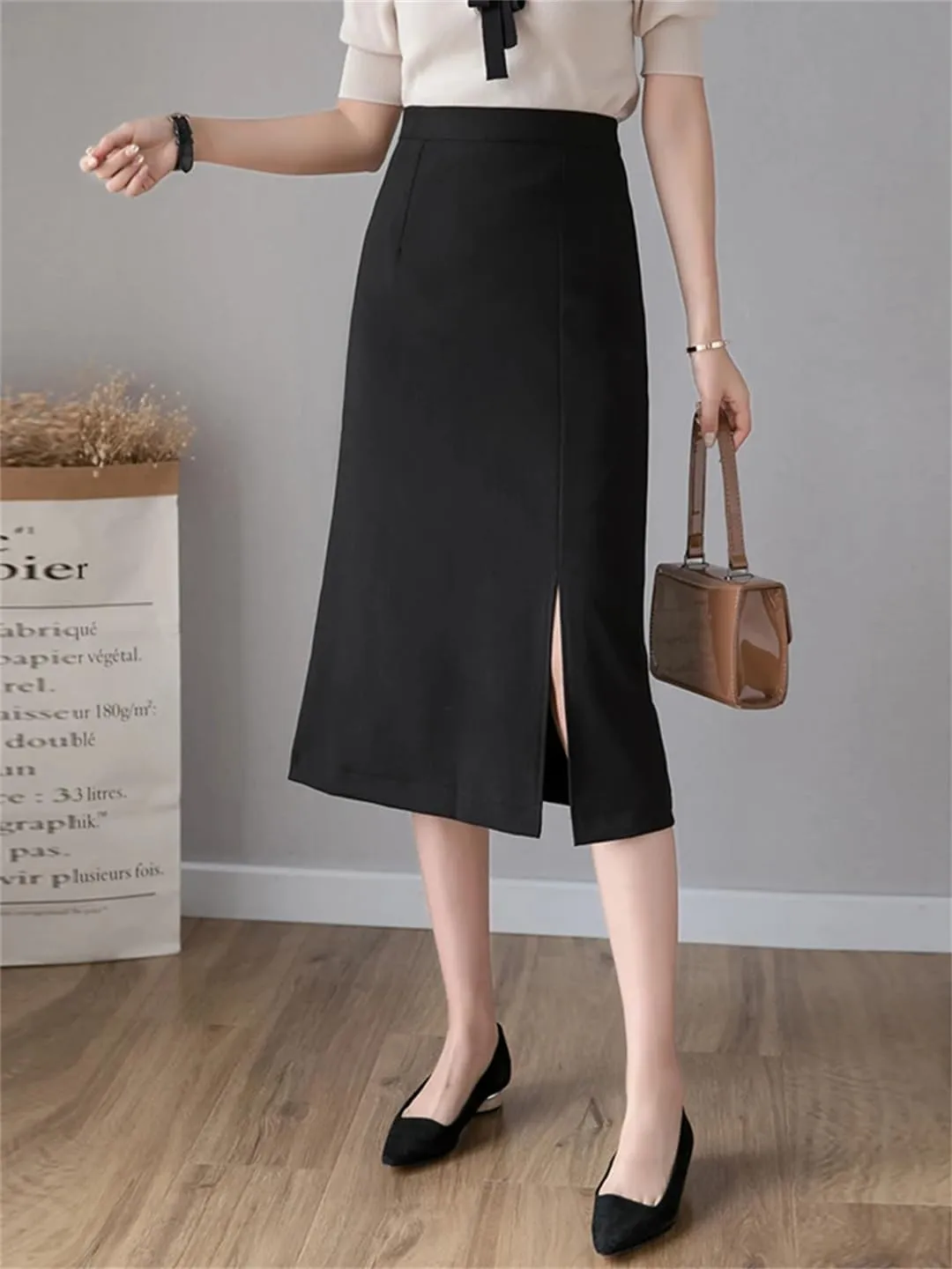 Women High Waist Pencil Streetwear Solid Bodycon Sexy Side Slit Khaki Black EN8 Long Wrap Skirts
