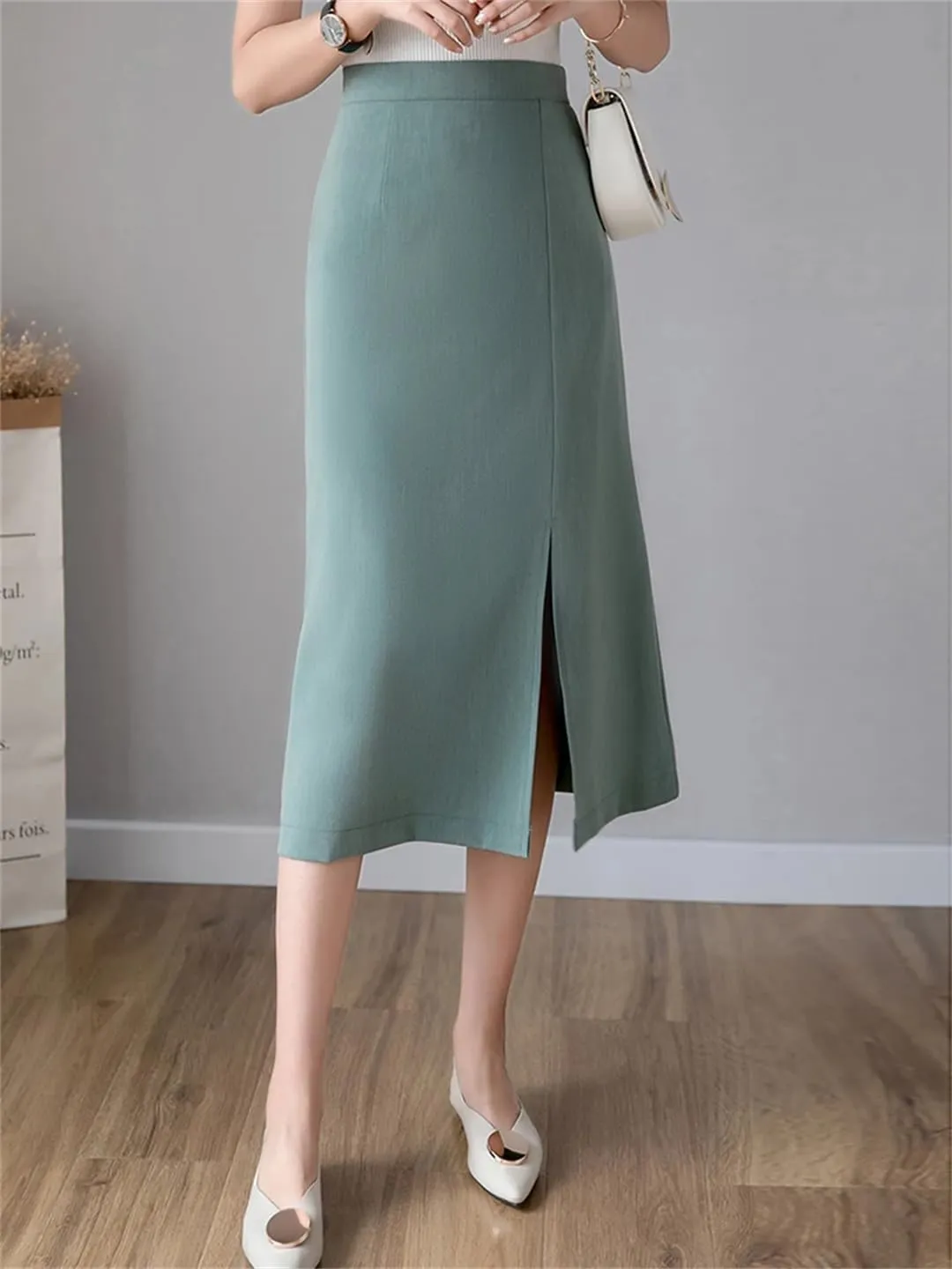 Women High Waist Pencil Streetwear Solid Bodycon Sexy Side Slit Khaki Black EN8 Long Wrap Skirts