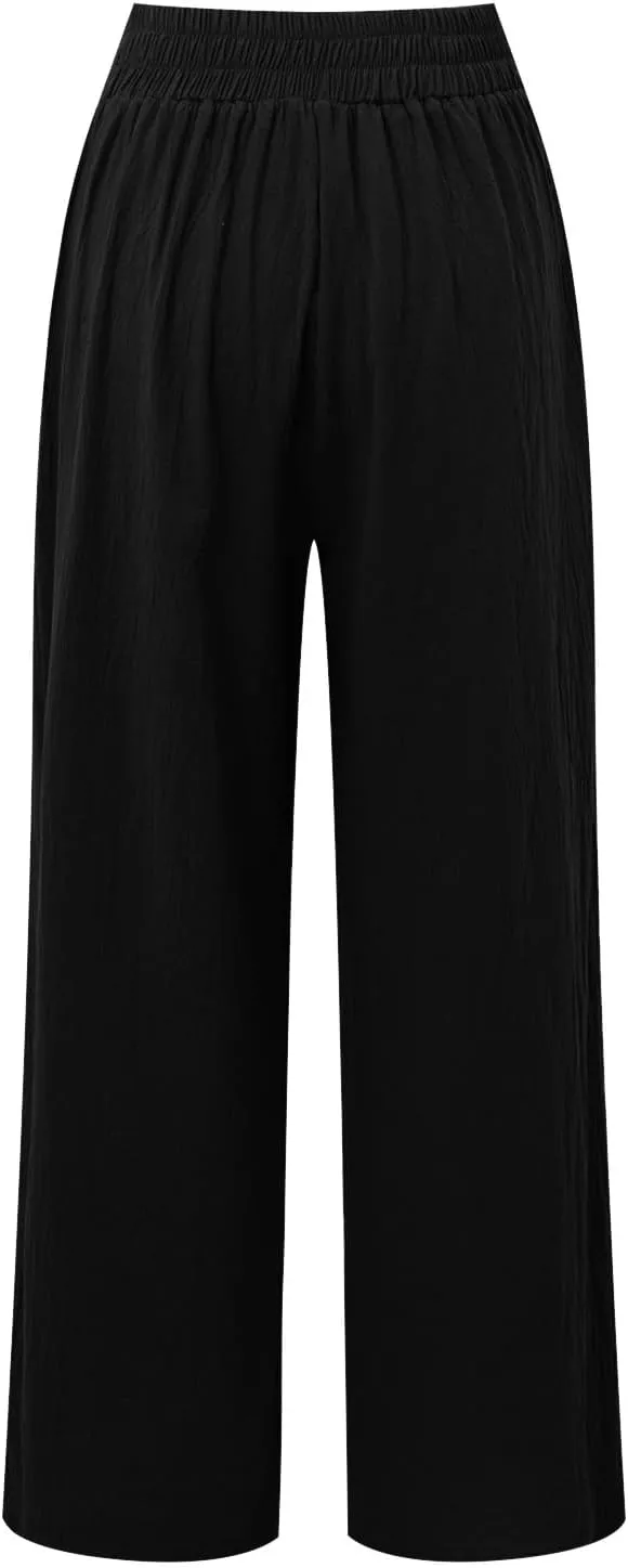 Women Linen Blend Summer Palazzo Pant Trousers Elastic Waist Ankle Length Slim-Fit Palazzo Pants Travel