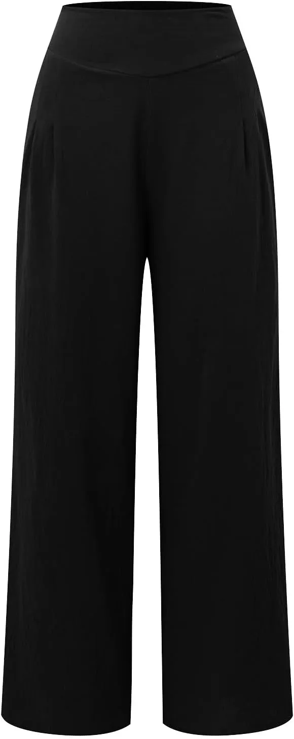 Women Linen Blend Summer Palazzo Pant Trousers Elastic Waist Ankle Length Slim-Fit Palazzo Pants Travel