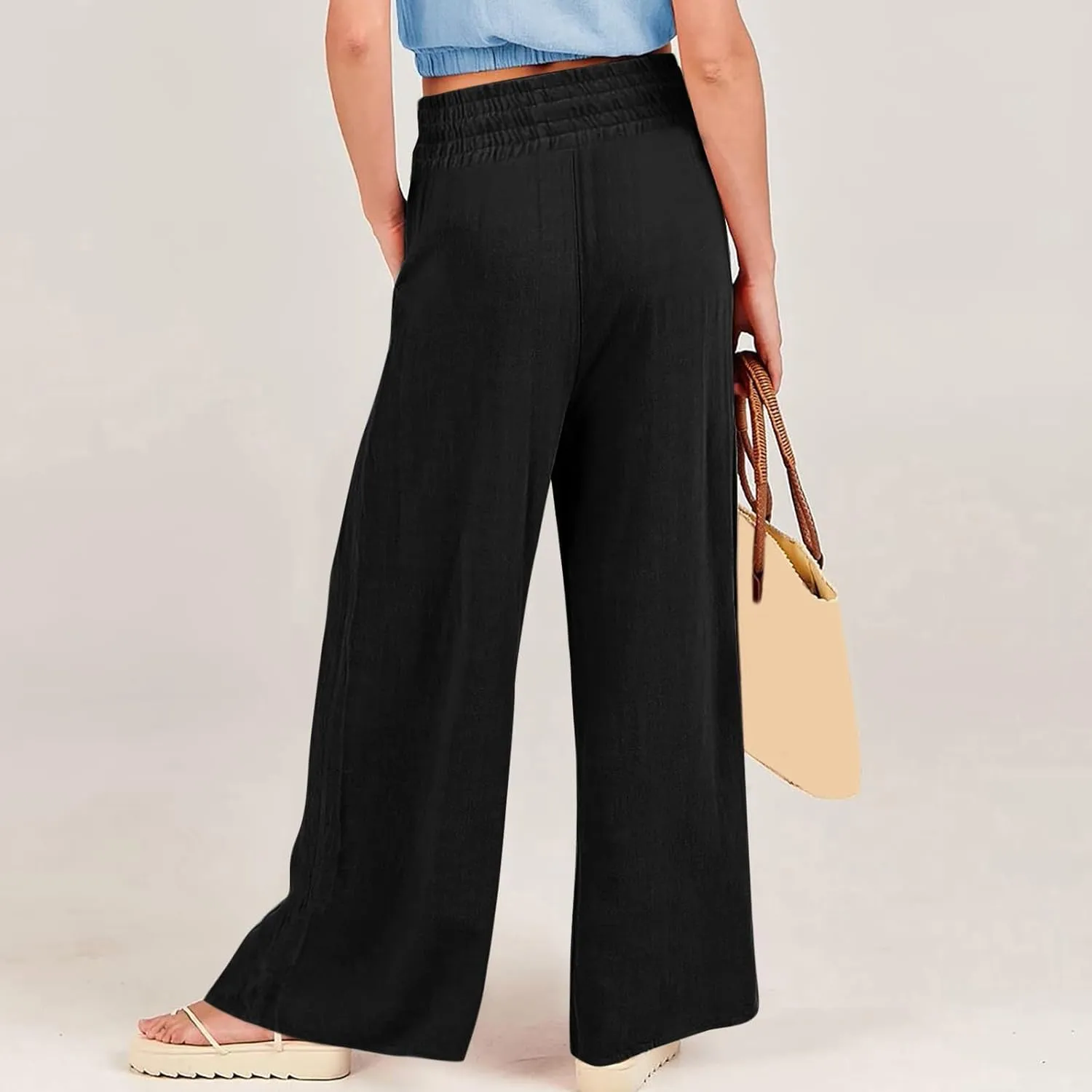 Women Linen Blend Summer Palazzo Pant Trousers Elastic Waist Ankle Length Slim-Fit Palazzo Pants Travel