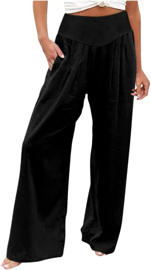 Women Linen Blend Summer Palazzo Pant Trousers Elastic Waist Ankle Length Slim-Fit Palazzo Pants Travel