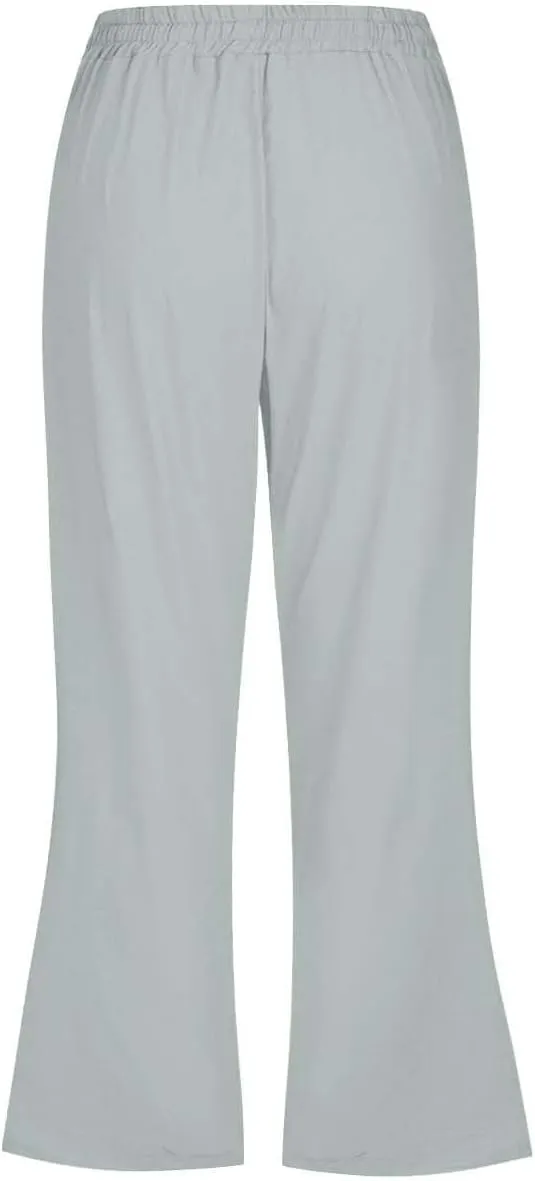 Women Linen Pants Summer Cotton and Linen Pocket Waist Slim Bell Bottom Pants Linen Blend Pants