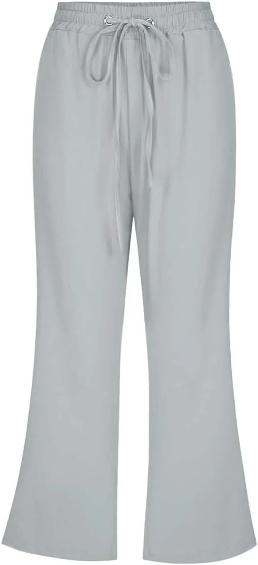 Women Linen Pants Summer Cotton and Linen Pocket Waist Slim Bell Bottom Pants Linen Blend Pants