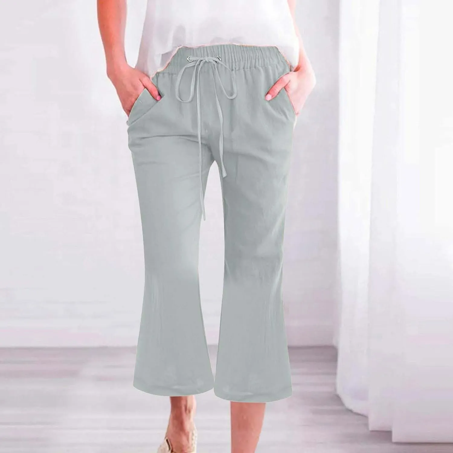 Women Linen Pants Summer Cotton and Linen Pocket Waist Slim Bell Bottom Pants Linen Blend Pants