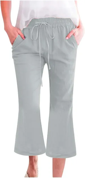 Women Linen Pants Summer Cotton and Linen Pocket Waist Slim Bell Bottom Pants Linen Blend Pants