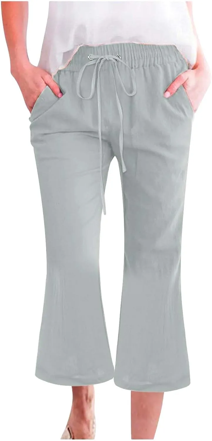 Women Linen Pants Summer Cotton and Linen Pocket Waist Slim Bell Bottom Pants Linen Blend Pants
