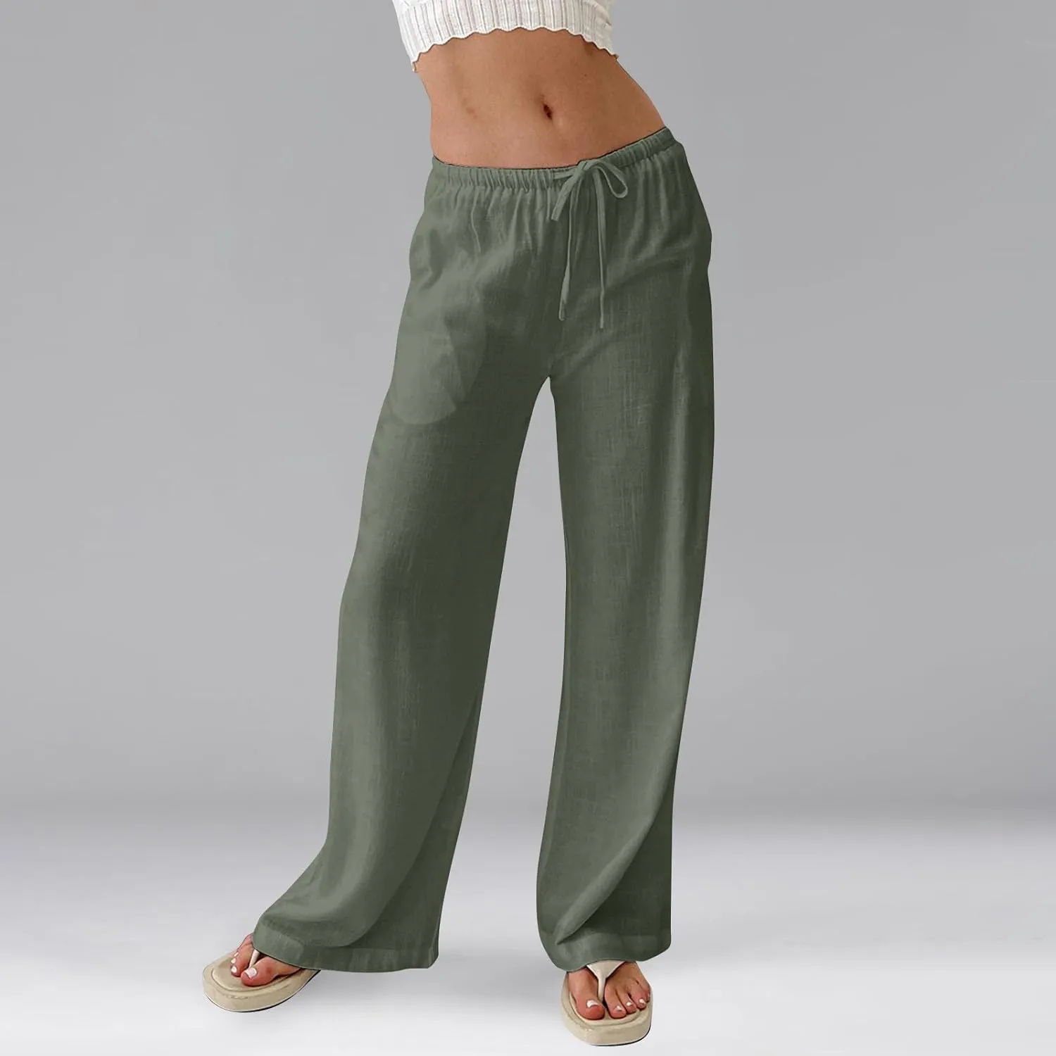 Women Linen Pants Summer Palazzo Pants Drawstring High Waist Trouser Pant Tummy Control Wide Leg Pant with Pockets
