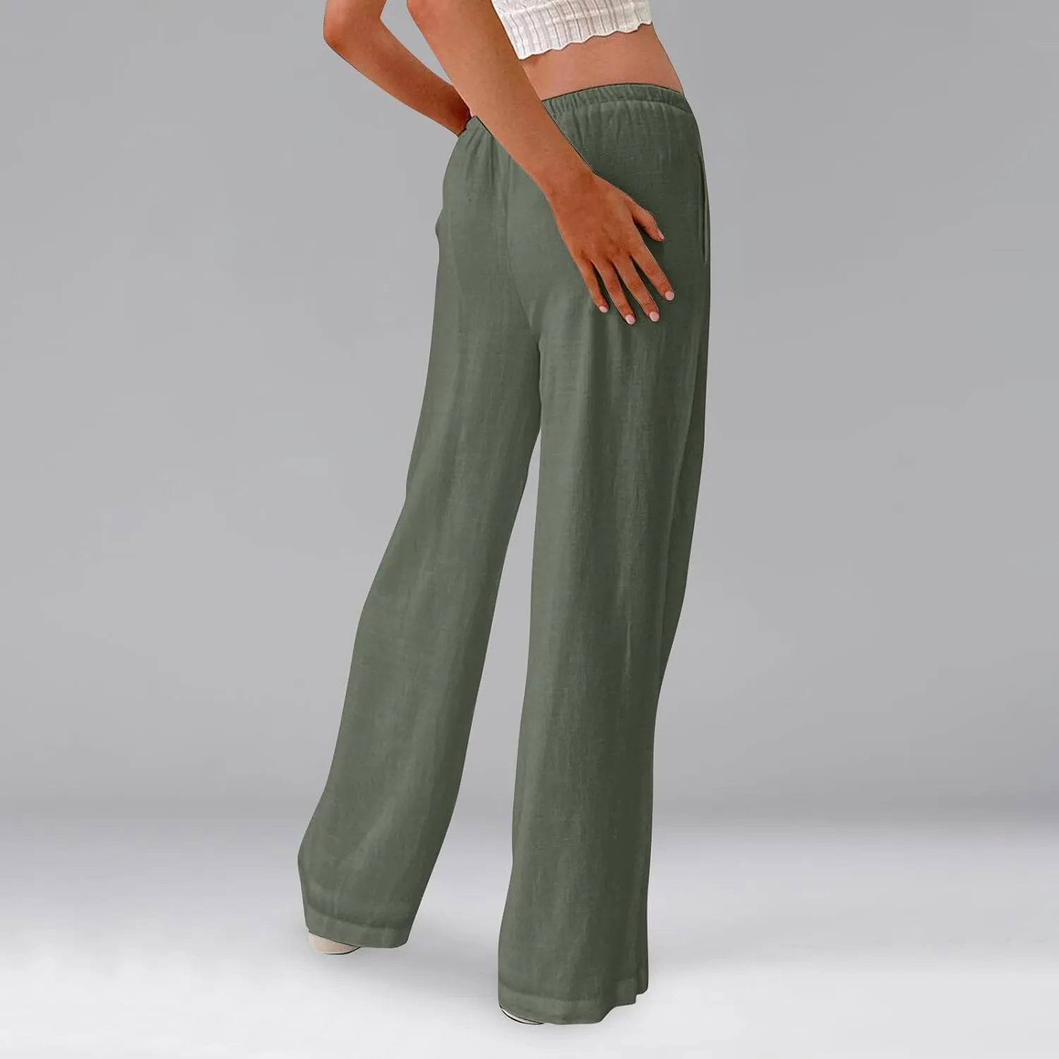 Women Linen Pants Summer Palazzo Pants Drawstring High Waist Trouser Pant Tummy Control Wide Leg Pant with Pockets