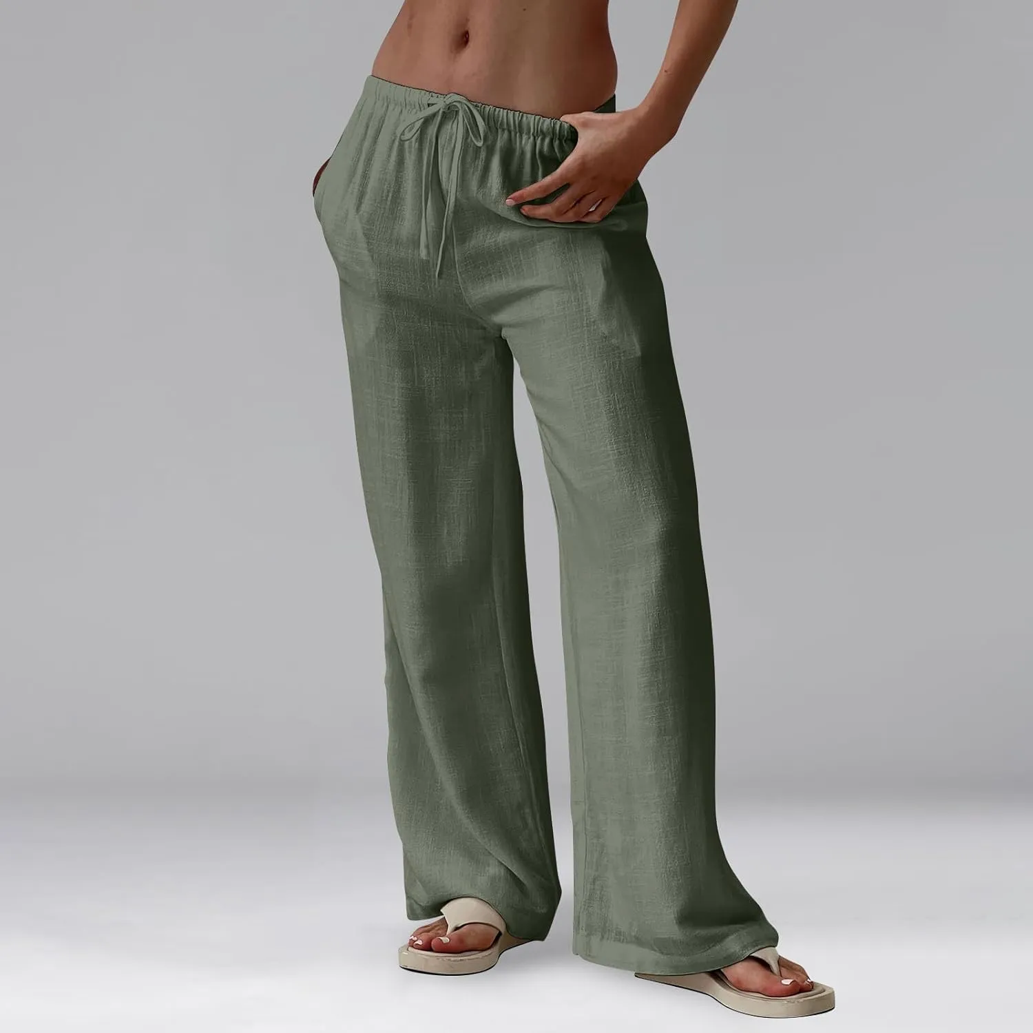 Women Linen Pants Summer Palazzo Pants Drawstring High Waist Trouser Pant Tummy Control Wide Leg Pant with Pockets