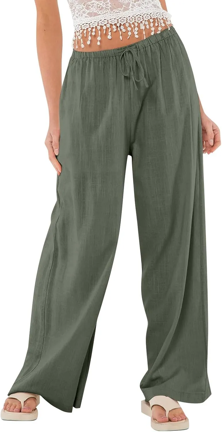 Women Linen Pants Summer Palazzo Pants Drawstring High Waist Trouser Pant Tummy Control Wide Leg Pant with Pockets