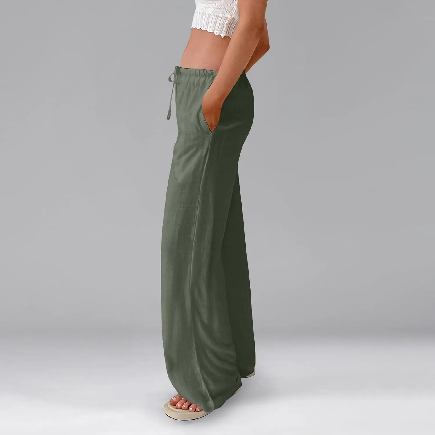 Women Linen Pants Summer Palazzo Pants Drawstring High Waist Trouser Pant Tummy Control Wide Leg Pant with Pockets