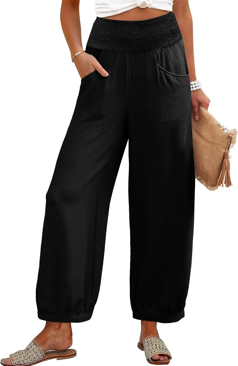 Women Linen Pants Summer Wide Leg High Waisted Loose Fit Pants Baggy Harem Palazzo Pant Beach Trousers with Pockets