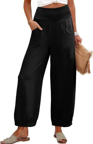 Women Linen Pants Summer Wide Leg High Waisted Loose Fit Pants Baggy Harem Palazzo Pant Beach Trousers with Pockets