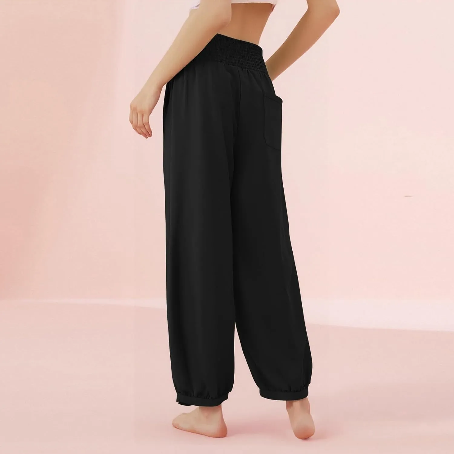 Women Linen Pants Summer Wide Leg High Waisted Loose Fit Pants Baggy Harem Palazzo Pant Beach Trousers with Pockets