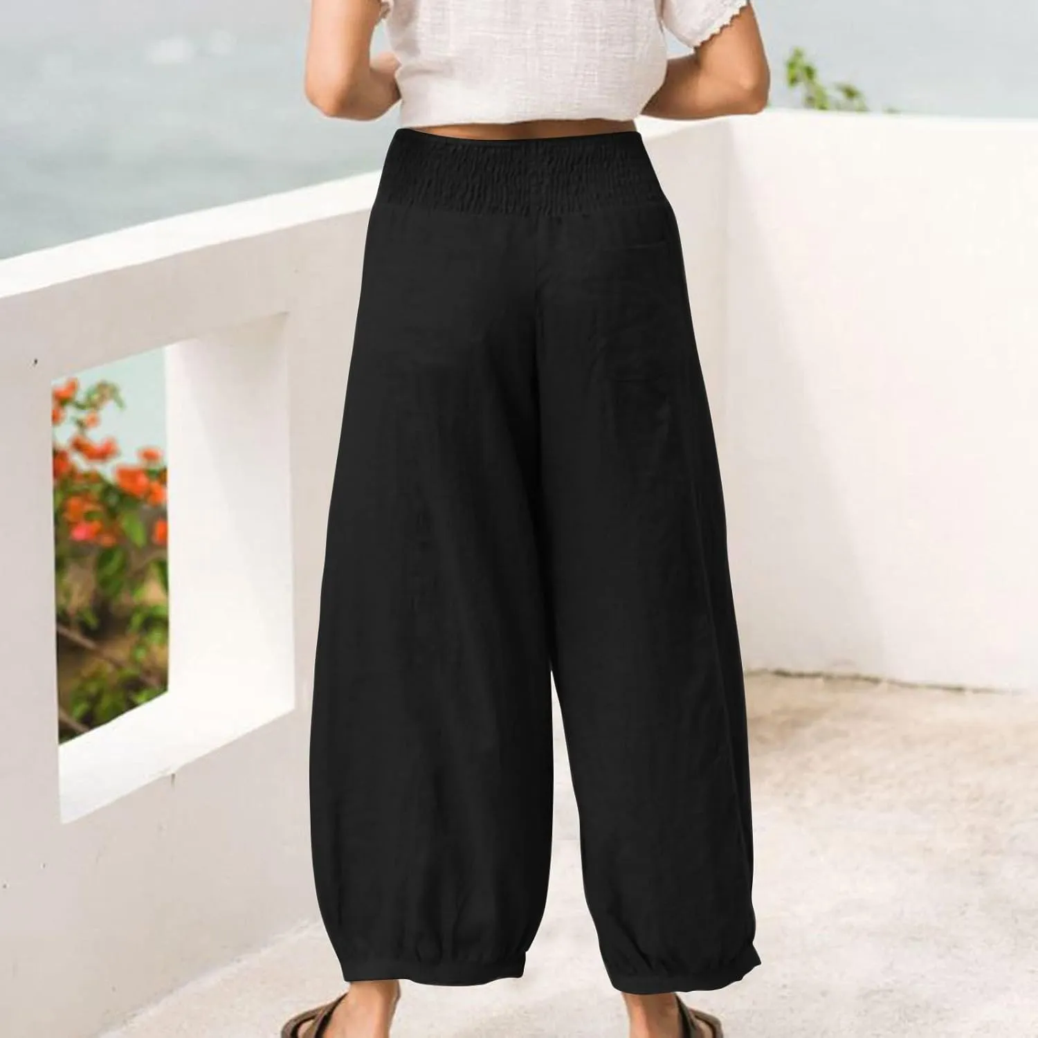 Women Linen Pants Summer Wide Leg High Waisted Loose Fit Pants Baggy Harem Palazzo Pant Beach Trousers with Pockets