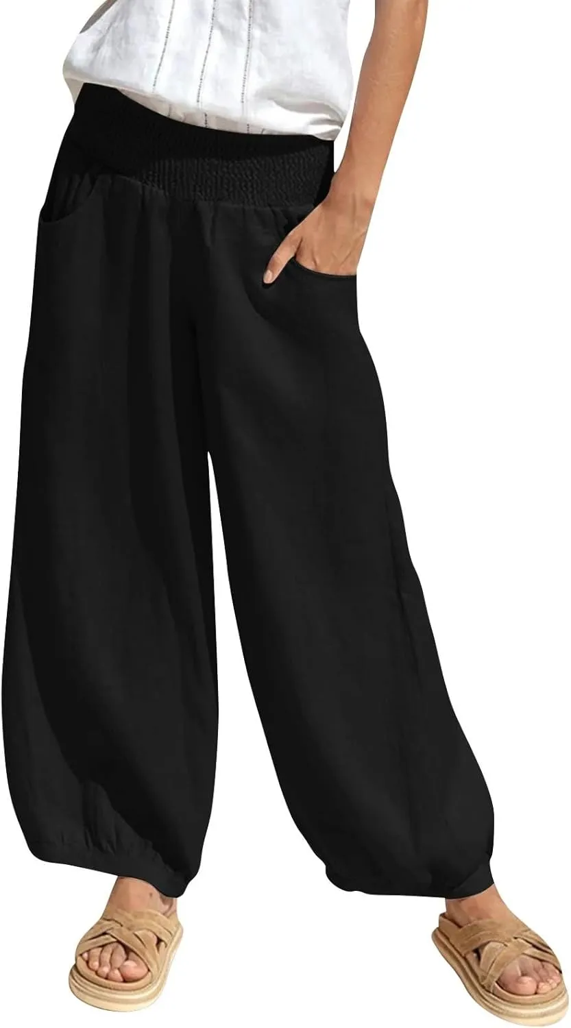 Women Linen Pants Summer Wide Leg High Waisted Loose Fit Pants Baggy Harem Palazzo Pant Beach Trousers with Pockets