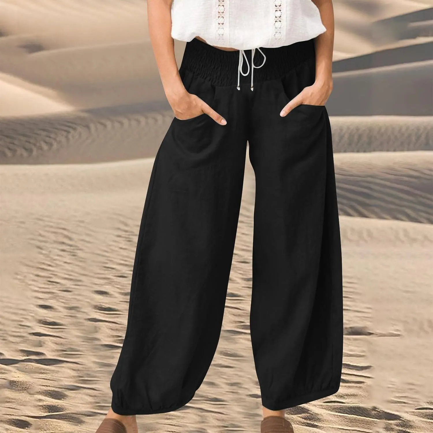 Women Linen Pants Summer Wide Leg High Waisted Loose Fit Pants Baggy Harem Palazzo Pant Beach Trousers with Pockets