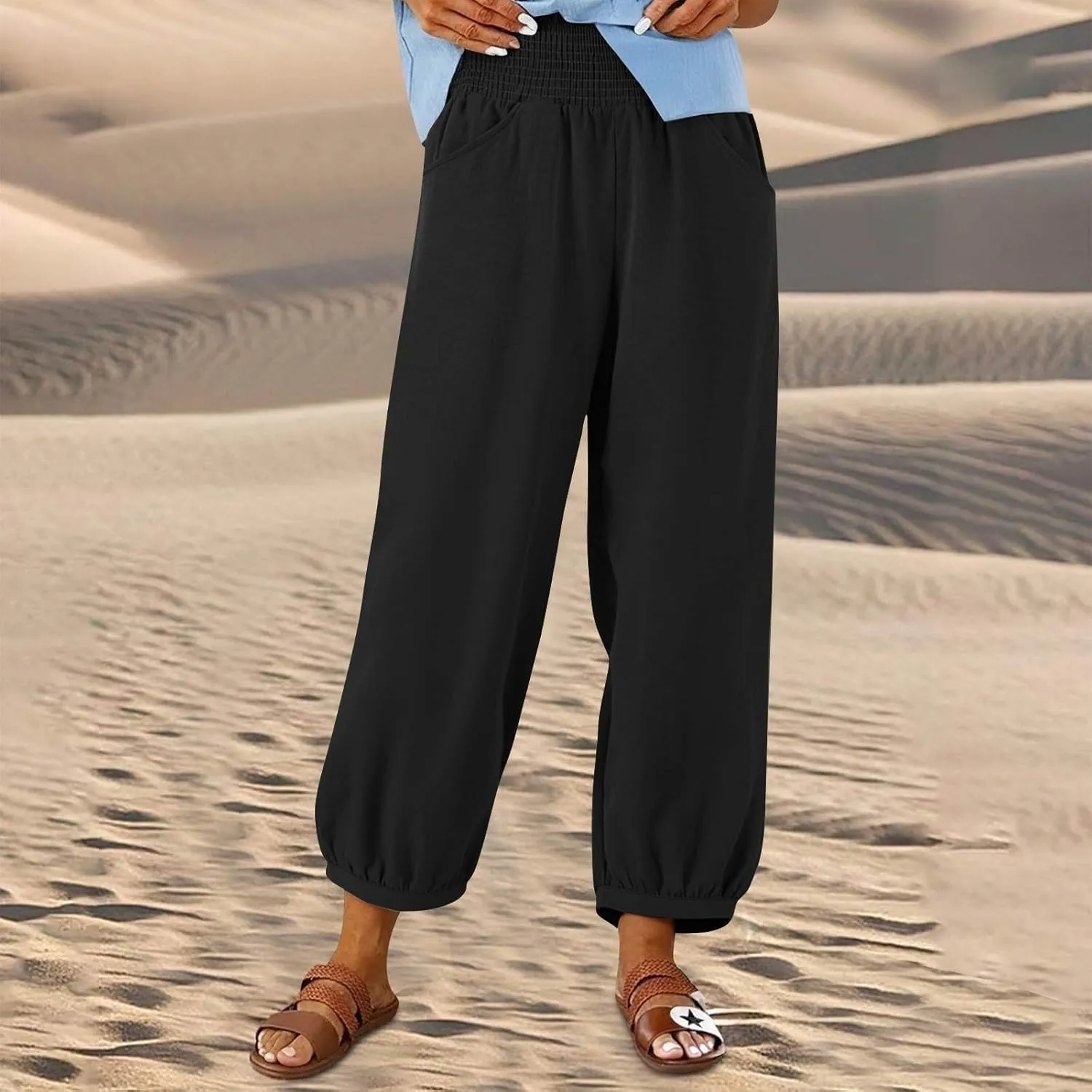 Women Linen Pants Summer Wide Leg High Waisted Loose Fit Pants Baggy Harem Palazzo Pant Beach Trousers with Pockets