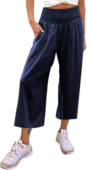 Women Linen Summer Trendy Pants Elastic Waist Ankle Length Slim Fit Pant Trousers Office