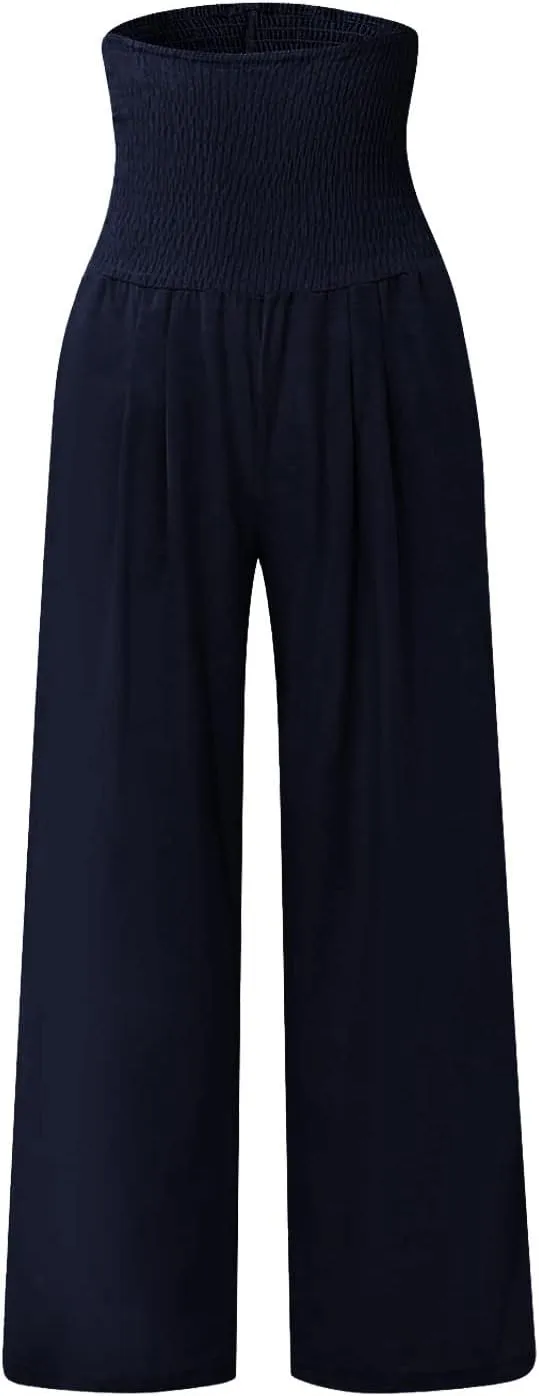 Women Linen Summer Trendy Pants Elastic Waist Ankle Length Slim Fit Pant Trousers Office