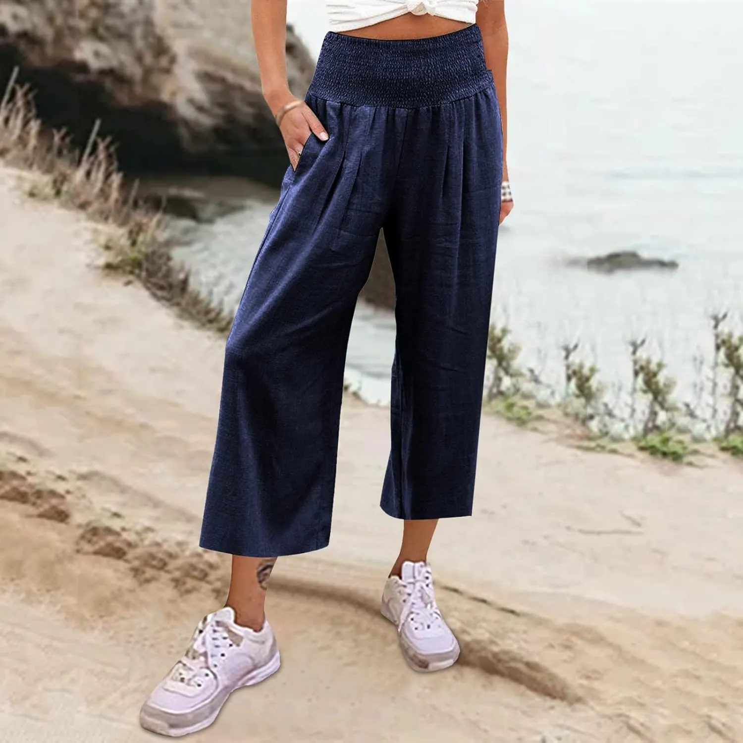 Women Linen Summer Trendy Pants Elastic Waist Ankle Length Slim Fit Pant Trousers Office