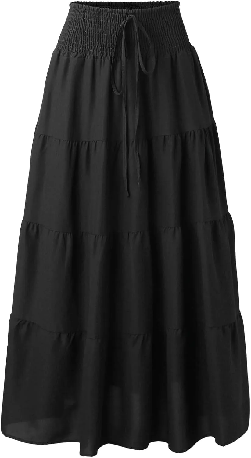Women Maxi Skirt Boho Flowy High Waist Pleated Tiered Long Skirt Ruffle A-Line Summer Vacation Beach Long Dress