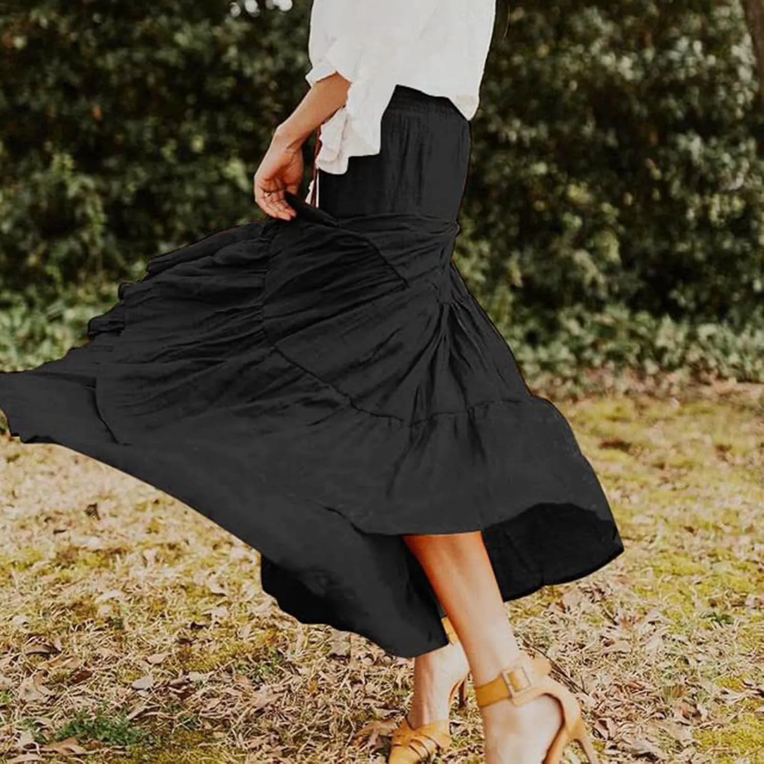 Women Maxi Skirt Boho Flowy High Waist Pleated Tiered Long Skirt Ruffle A-Line Summer Vacation Beach Long Dress