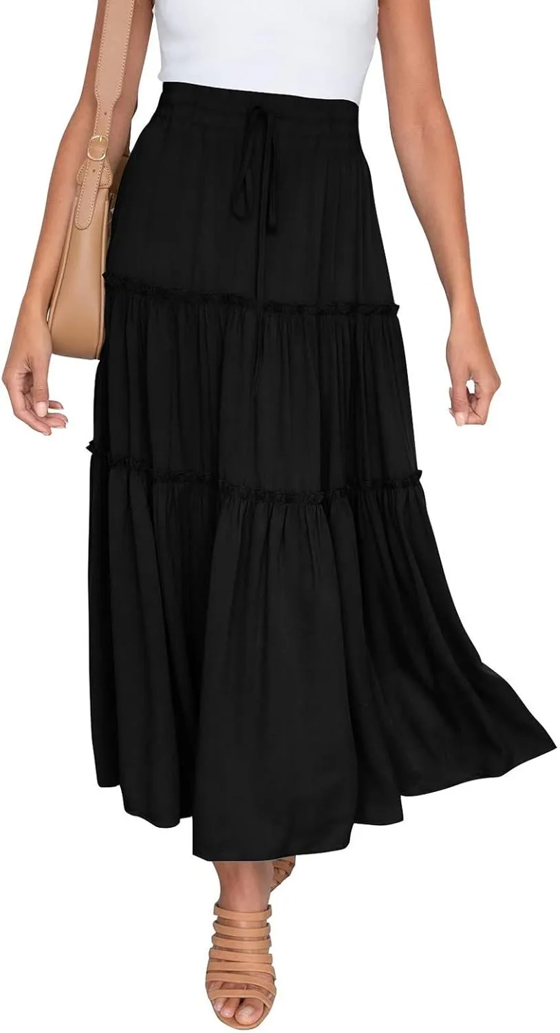 Women Maxi Skirt Boho Flowy High Waist Pleated Tiered Long Skirt Ruffle A-Line Summer Vacation Beach Long Dress