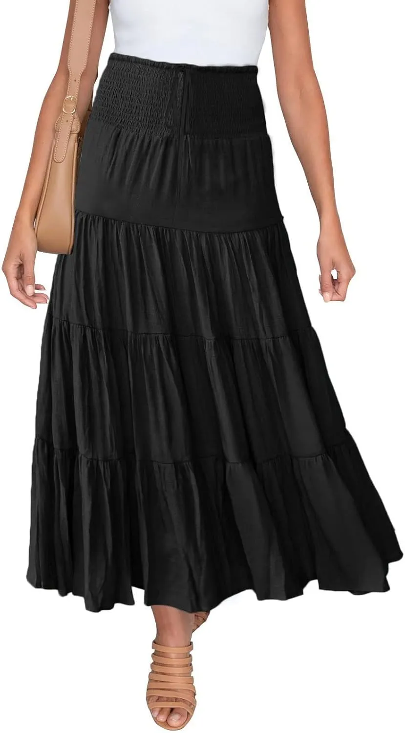 Women Maxi Skirt Boho Flowy High Waist Pleated Tiered Long Skirt Ruffle A-Line Summer Vacation Beach Long Dress