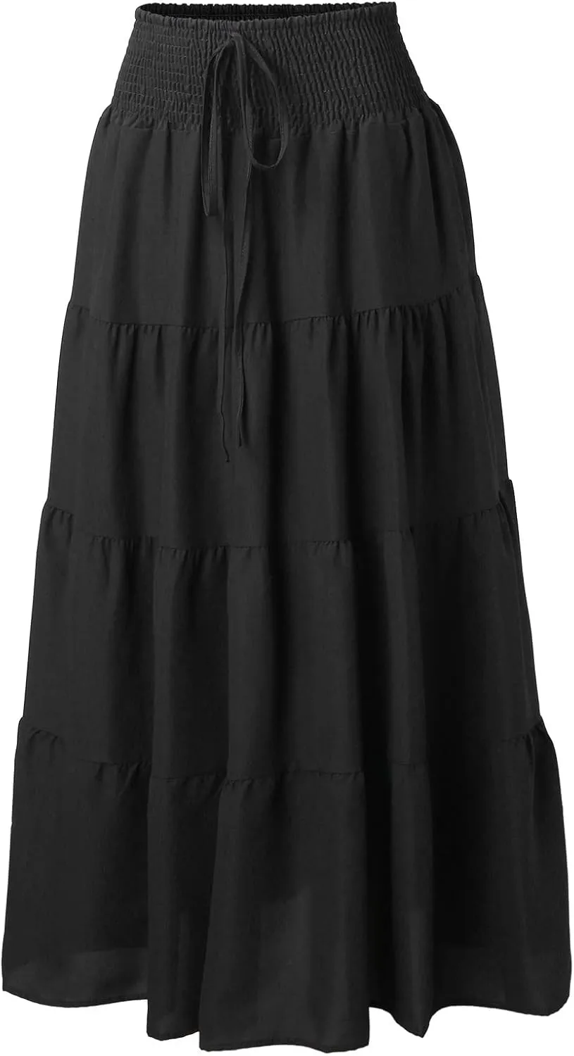 Women Maxi Skirt Boho Flowy High Waist Pleated Tiered Long Skirt Ruffle A-Line Summer Vacation Beach Long Dress