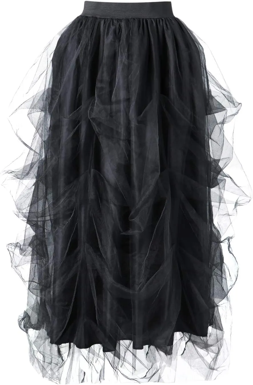 Women Maxi Tulle Tutu Skirt Layered High Waist Wedding Evening Night Out Party A-Line Puffy Skirt with Slit