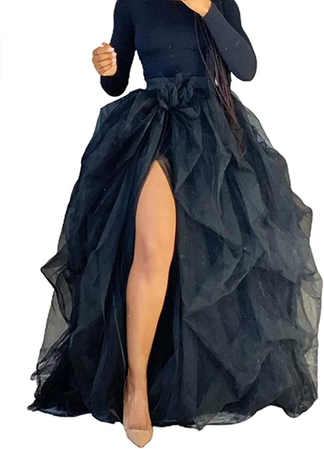 Women Maxi Tulle Tutu Skirt Layered High Waist Wedding Evening Night Out Party A-Line Puffy Skirt with Slit