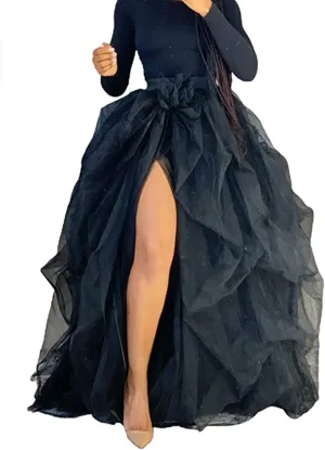 Women Maxi Tulle Tutu Skirt Layered High Waist Wedding Evening Night Out Party A-Line Puffy Skirt with Slit
