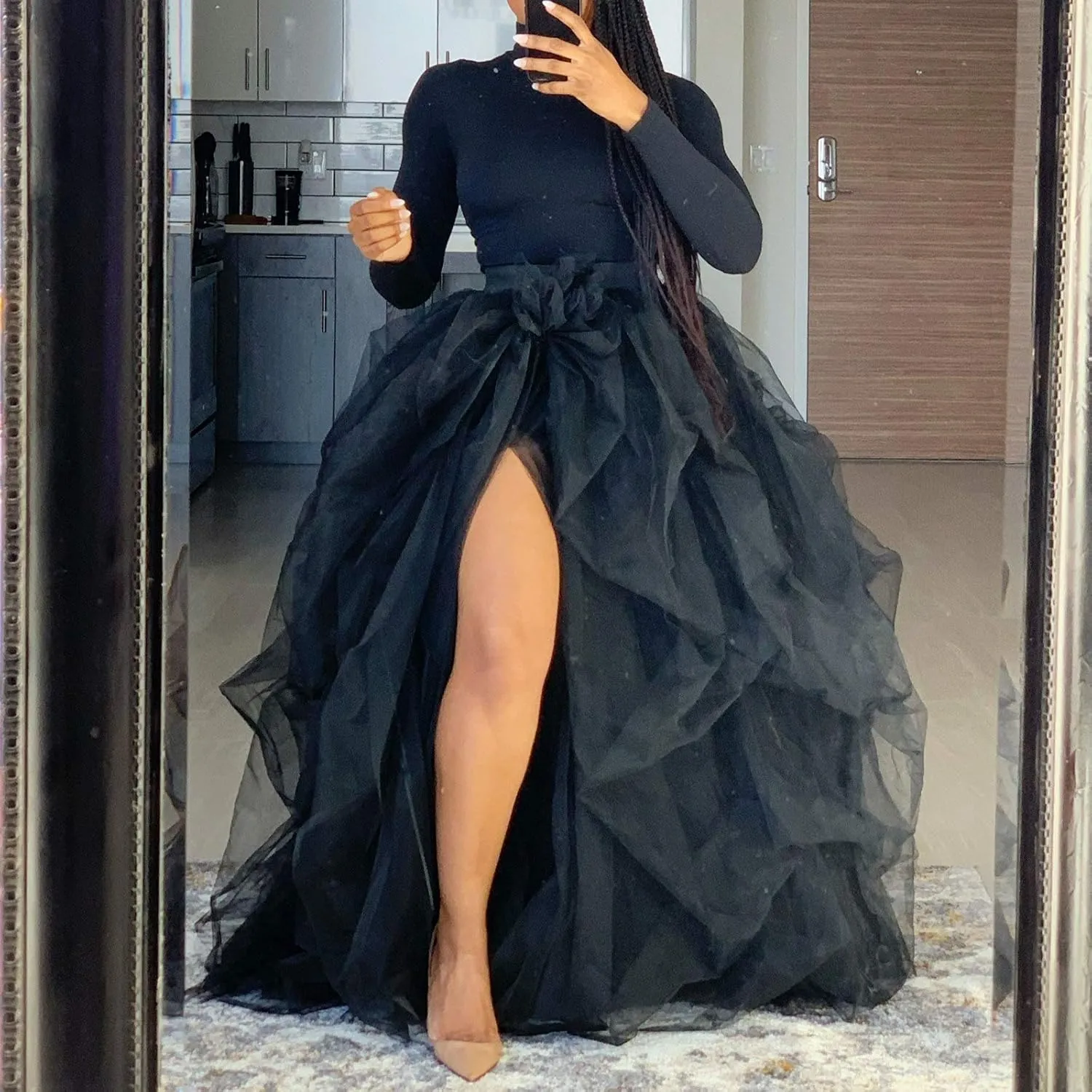 Women Maxi Tulle Tutu Skirt Layered High Waist Wedding Evening Night Out Party A-Line Puffy Skirt with Slit