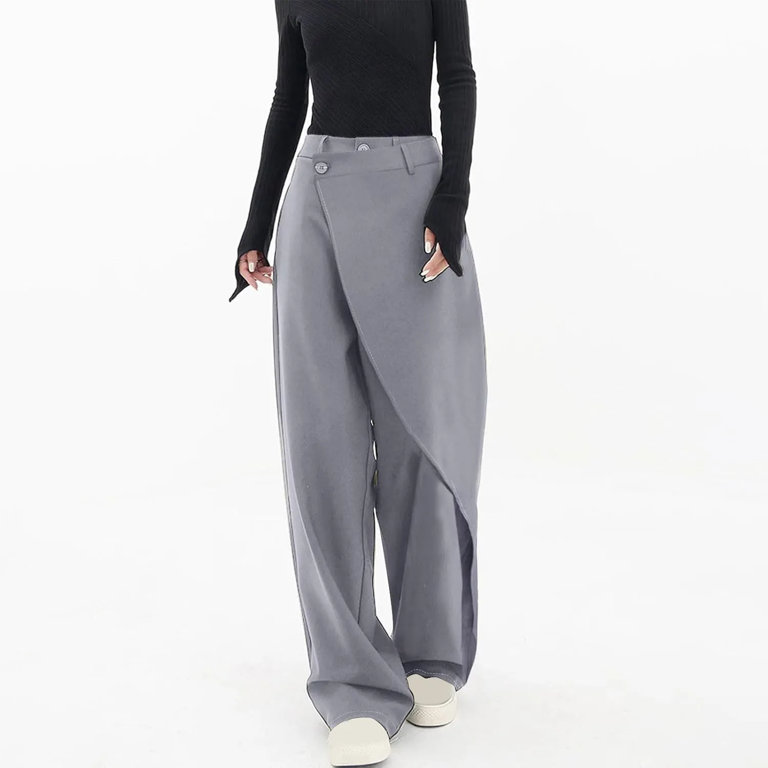 Women Pants High Waisted Wide Leg Pants Irregular Patchwork Casual Loose Solid Color Full Length Straight Trousers