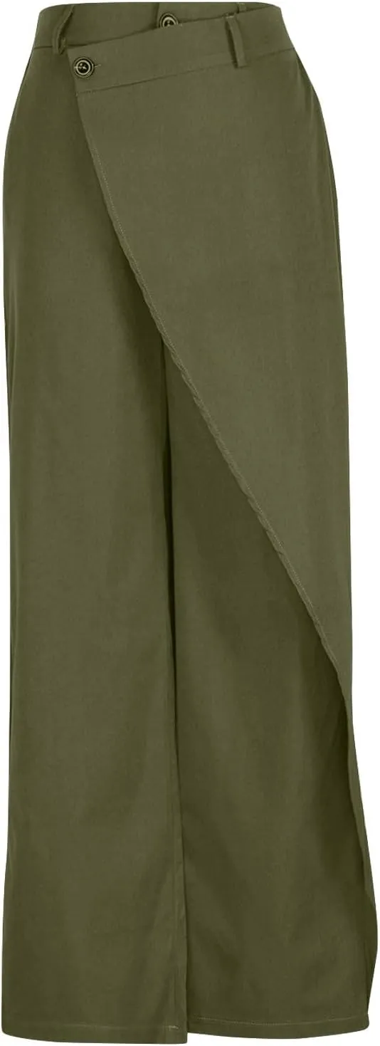 Women Pants High Waisted Wide Leg Pants Irregular Patchwork Casual Loose Solid Color Full Length Straight Trousers
