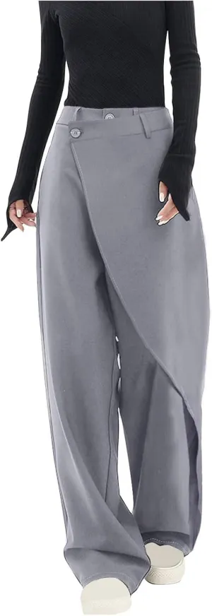 Women Pants High Waisted Wide Leg Pants Irregular Patchwork Casual Loose Solid Color Full Length Straight Trousers